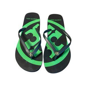 Tory Burch Women's Size 8 Navy Blue & Green Logo Thin Rubber Flip Flops Summer